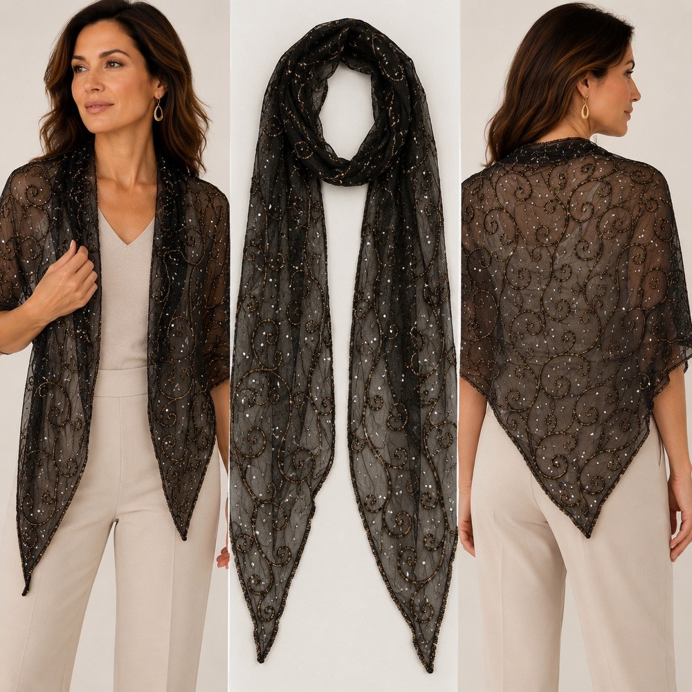 Zazou Beaded Mesh Scarf Black Sheer Evening Wrap Sequin Scroll 64x15 NWT